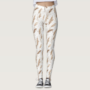 Leggings Herbe de Pampas Bohème Beige Marron Motif Étoile (