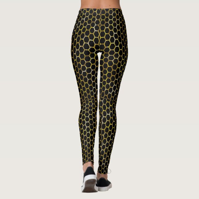 Leggings Hexagon d'or noir moderne ruche Motif Abstrait (Dos)