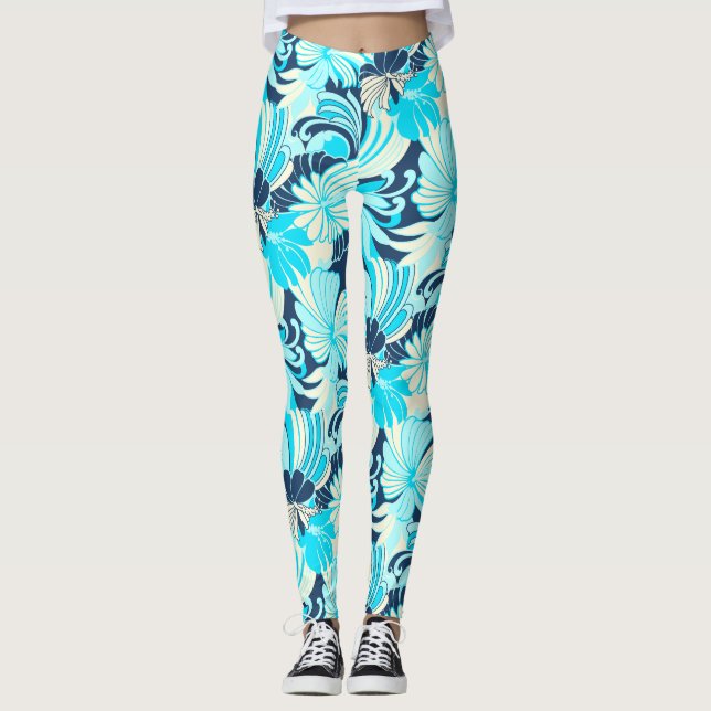 Leggings Hibiscus Jungle Hawaiian Tropical Floral Aqua (Devant)