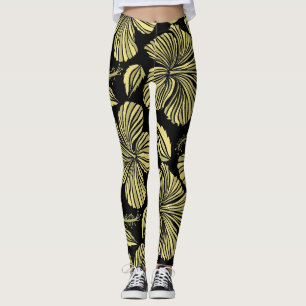 Leggings Hibiscus Tropical : Fleurs Vintages Noir-Jaune.