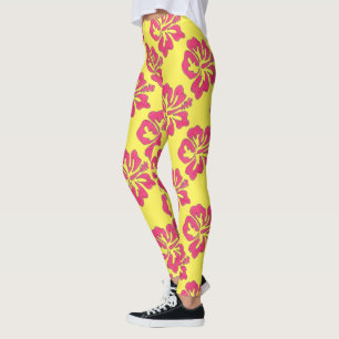 Leggings Hibiscus Tropical Jaune Rose Hawaï Fleur