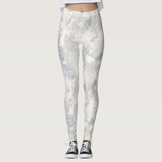 Leggings hibou Plumes, gris, beige et bleu, oiseau, léger, (Devant)