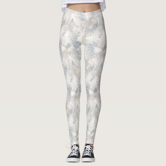 Leggings hibou Plumes, gris, beige et bleu, oiseau, léger, (Devant)