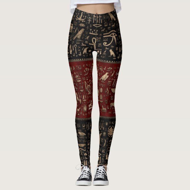 Leggings Hiéroglyphes égyptiens antiques - cuir rouge noir (Devant)