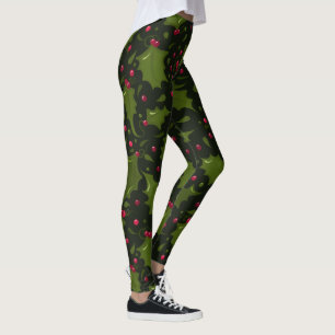 Leggings Holiday Holly et Berries sur Dark Green