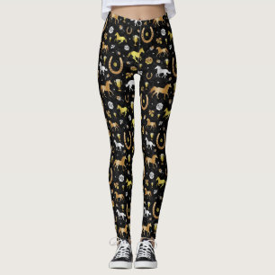Leggings Horse Racing Derby Day Party Black Gold Motif