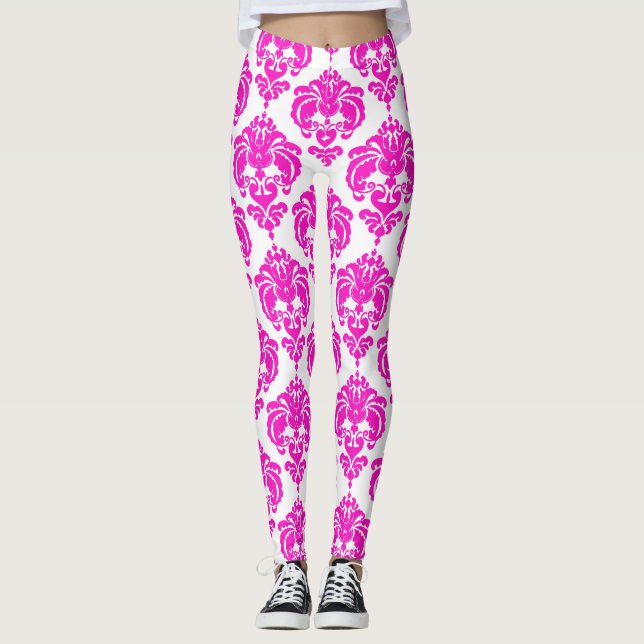 Leggings Hot rose blanc Damask Chic moderne élégant Motif (Devant)