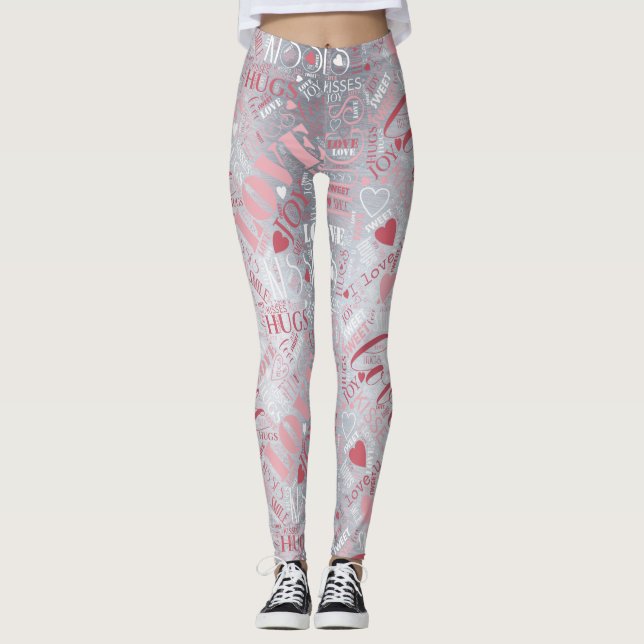 Leggings Hugs and Kisses Word Cloud Pink/Silver ID286 (Devant)
