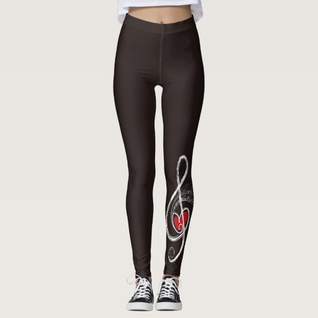 Leggings I HEART Music Treble Clef Noir Rouge Blanc (Devant)