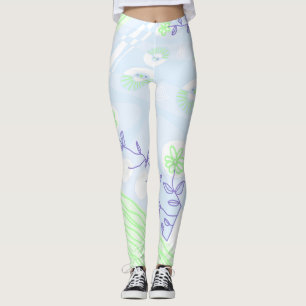Leggings Illustration Bohème Chintz Pastel Blue Green