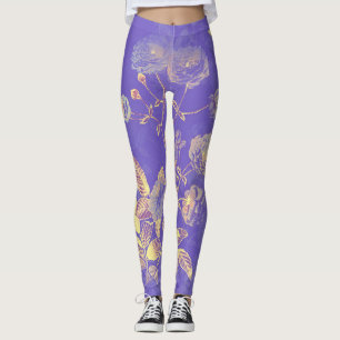 Leggings Illustration florale d'or bleu Vintage