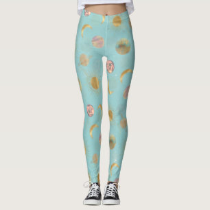 Leggings Illustration Gold Sun Moon Planètes Space Blue