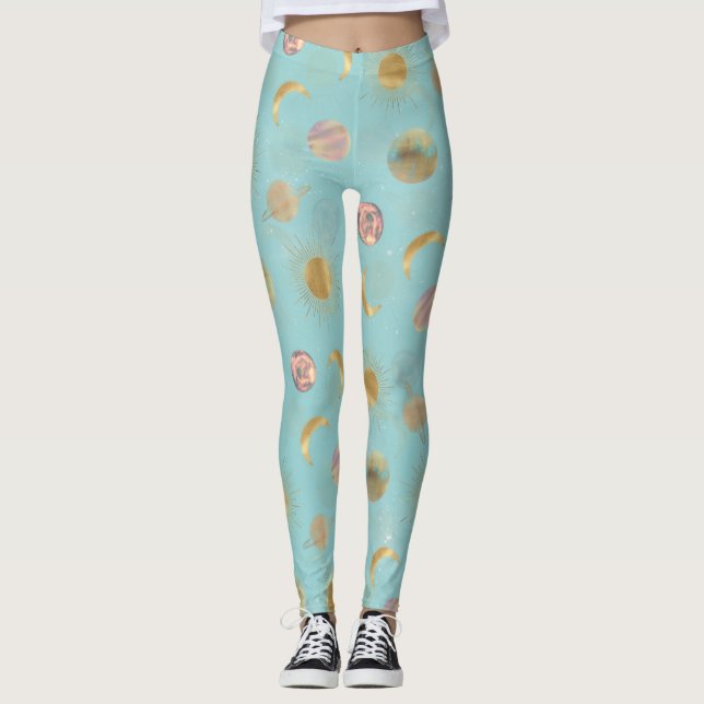 Leggings Illustration Gold Sun Moon Planètes Space Blue (Devant)