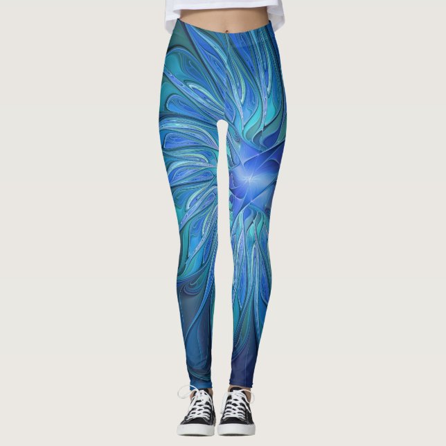 Leggings Imaginaire Fleur Bleue Motif, Art Fractal Abstrait (Devant)