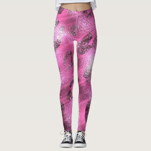 Leggings Imitation Pailleté Brillante Argent Et Imprimé Léo