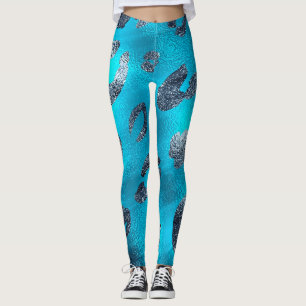Leggings Impression léopard argent et bleu aspect brillant 