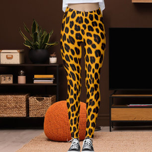 Leggings Impression motif safari peau léopard noir orange