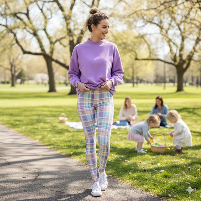 Leggings imprimé écossais lavande sarcelle et rose (Spring stroll meets Easter joy. perfect for showcasing seasonal comfort, color, and family fun.)