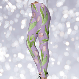 Leggings Imprimé Tulipe Rose Moderne Violet Clair
