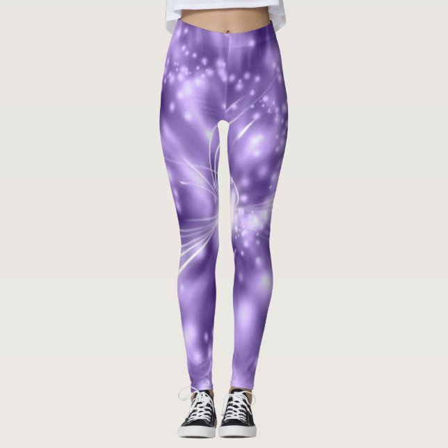 Leggings in purple/white with spandex/polyester. (Front)