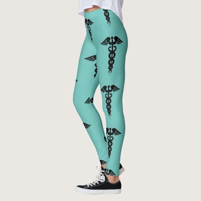 Leggings Infirmière Médicale Caduceus Motif Turquoise Noir (Gauche)