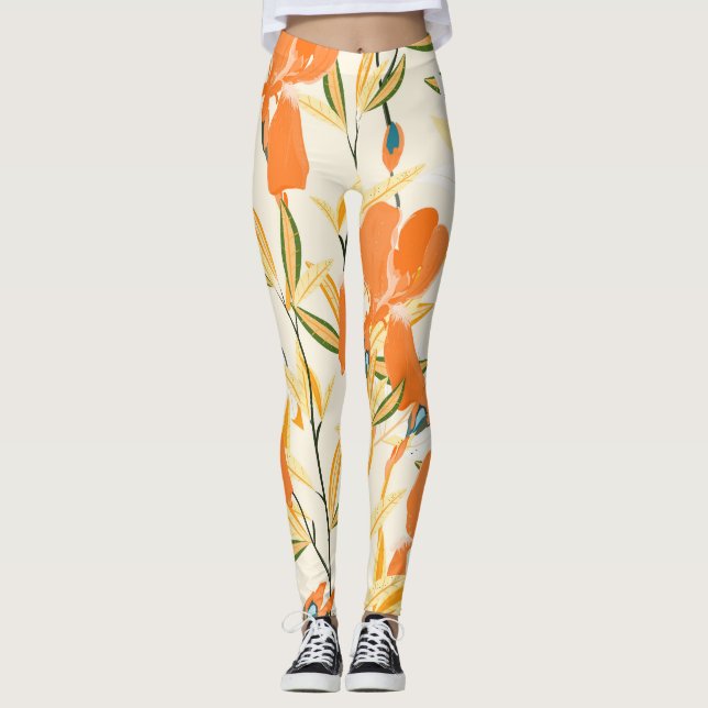 Leggings Iris orange : motif floral transparent (Devant)