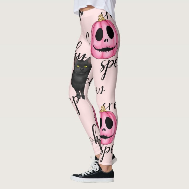 Leggings Jack-O-Lantern rose et chat noir (Gauche)