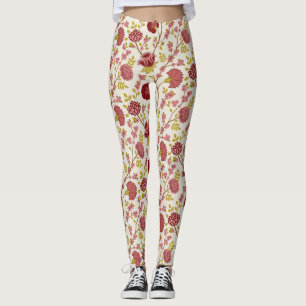 Leggings Jacobean Floral Grand Motif Reds Pinks Gold Creme