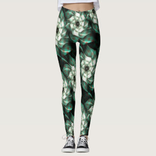 Leggings Jade foncé Vert et blanc Fleur fractale Abstraite