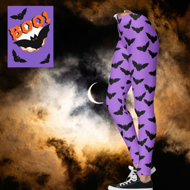 Leggings J'ai pris des pattes de chauves-souris violettes b (Black bats on purple haze! Too scary!)