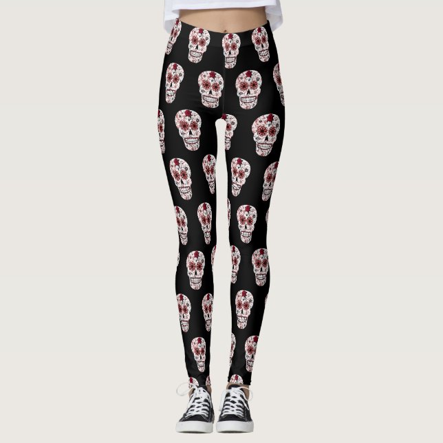 Leggings Jambes de crâne noir et rouge (Devant)