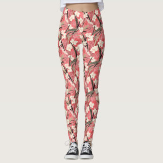 Leggings Japanese Floral Blossoms in White on Pink Burgundy