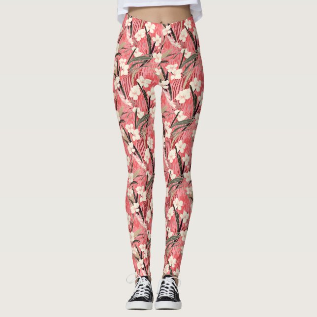 Leggings Japanese Floral Blossoms in White on Pink Burgundy (Devant)