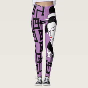 Leggings japonaise geisha fille noir blanc violet graphique