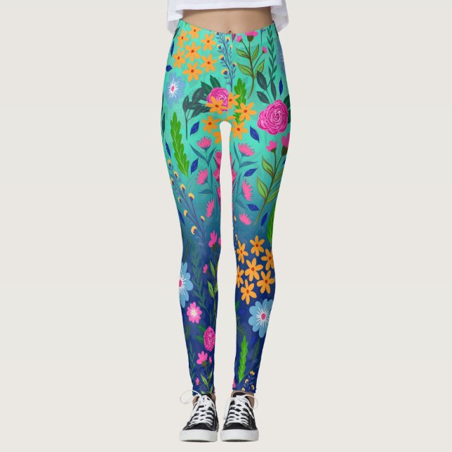 Leggings Jardin à fleurs de couleur bleue (Devant)