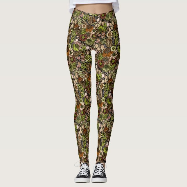 Leggings Jardin de fleurs sauvages vertes motif (Devant)