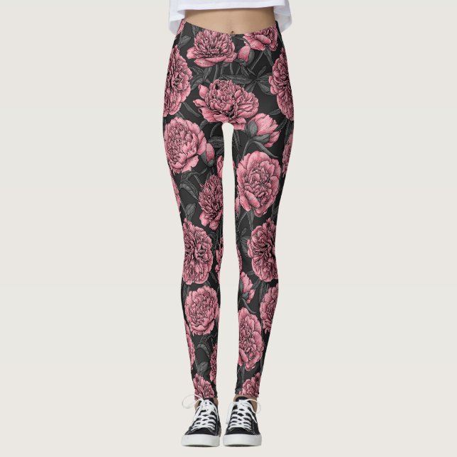 Leggings Jardin de pivoine nocturne rose et gris (Devant)