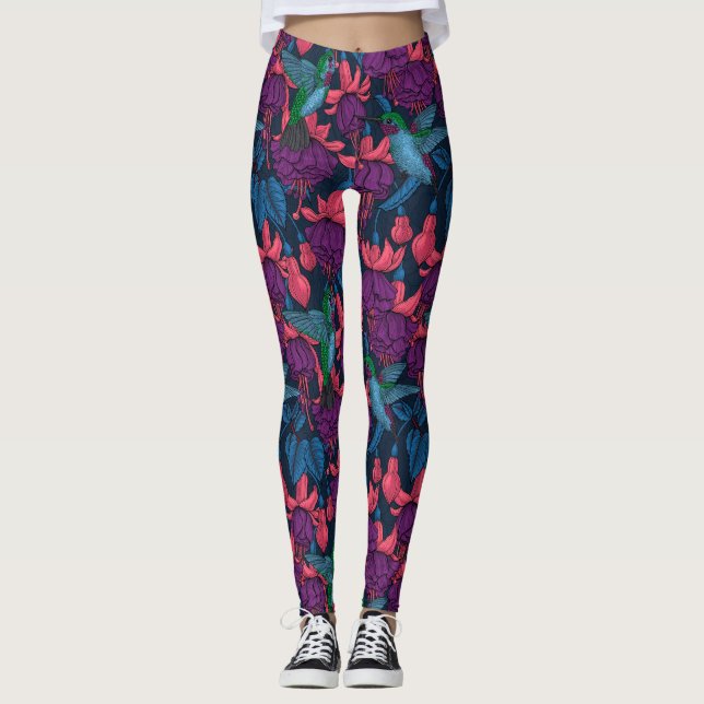 Leggings Jardin des colibris en violet et bleu (Devant)