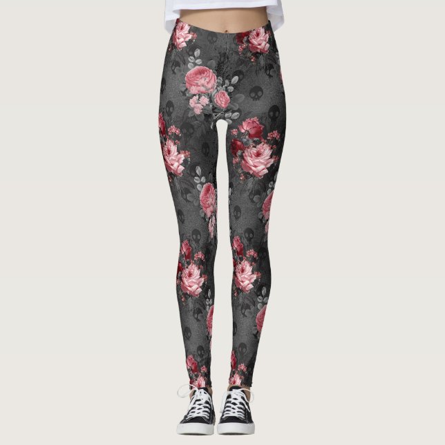 Leggings Jardin gothique crânien et rose (Devant)