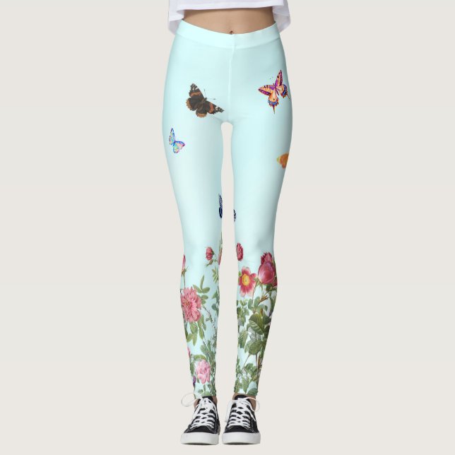 Leggings Jardin rose avec papillons sur Arrière - plan bleu (Devant)