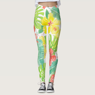 Leggings Jardin tropical, plumeria hibiscus et feuilles de 