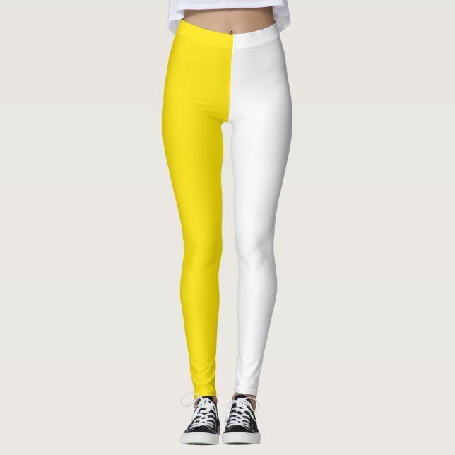 Leggings Jaune Blanc Deux Tons Fractionné Moitié Design (Devant)