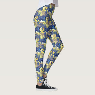 Leggings Jaune Bleu Floral Or Paillettes Vintage Féminin Mi