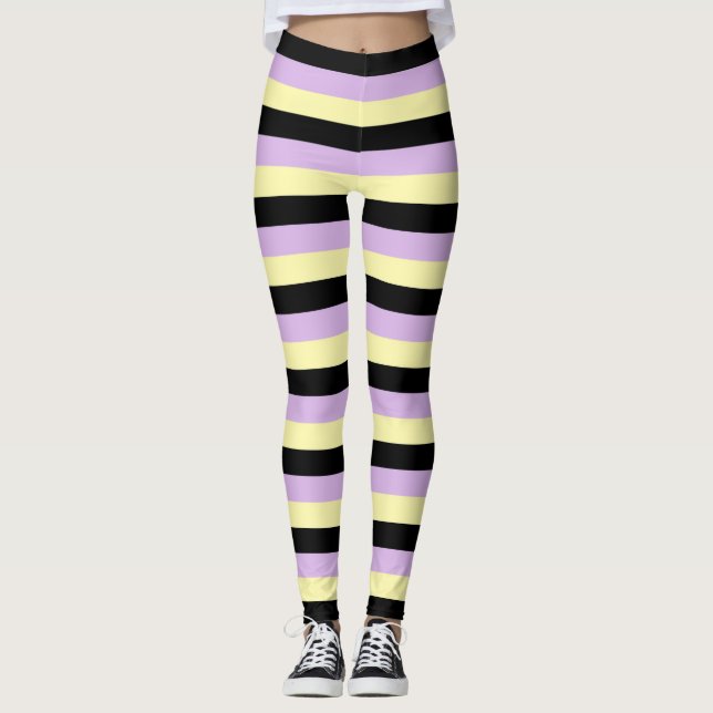 Leggings Jaune pâle, noir et pourpre doux rayures (Devant)