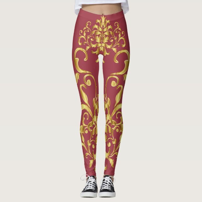 Leggings Jester Rouge avec motif de Damas or Athlétisme (Devant)