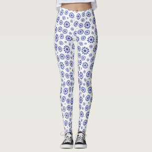 Leggings Joli bleu et blanc Abstrait Motif marguerite
