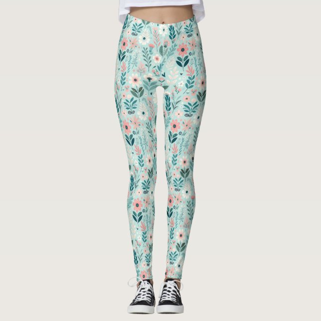 Leggings Joli bleu et rose pastel Fleurs d'Art folklorique (Devant)