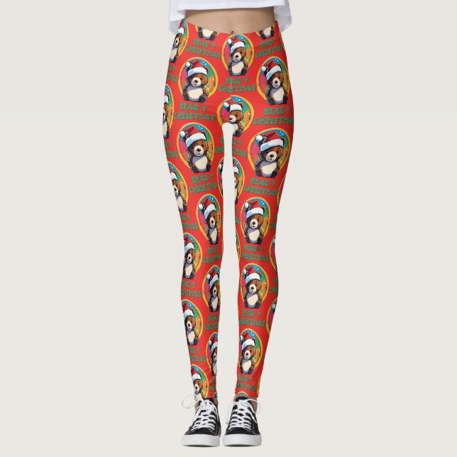 Leggings Jolie adorable Kawaii Chibi Ours de Noël (Devant)