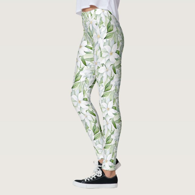 Leggings Jolie aquarelle Fleurs blanches personnalisées (Gauche)