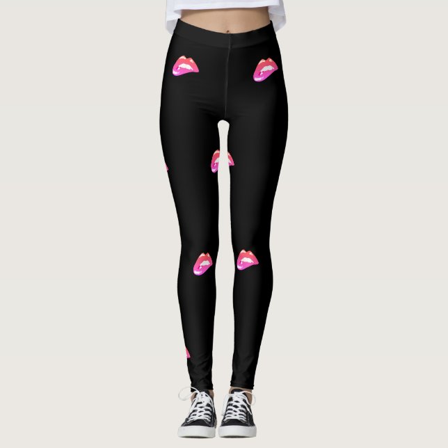 Leggings Jolie fille, Lèvres roses, Noir (Devant)
